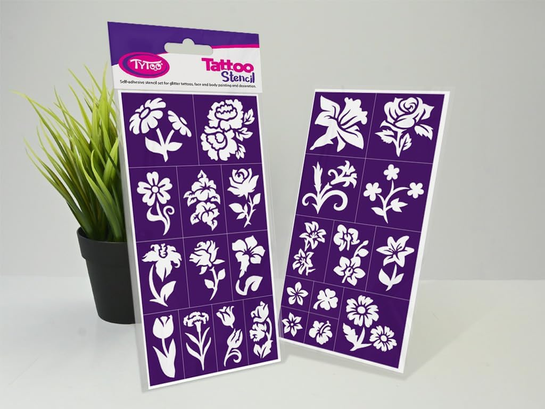 Tytoo Glitter Tattoo Stencil Set - Reusable Templates for Children & Adults - EU Design, Skin-Friendly, Perfect for Parties, Children'S Make-Up & Body Painting (Flowers)