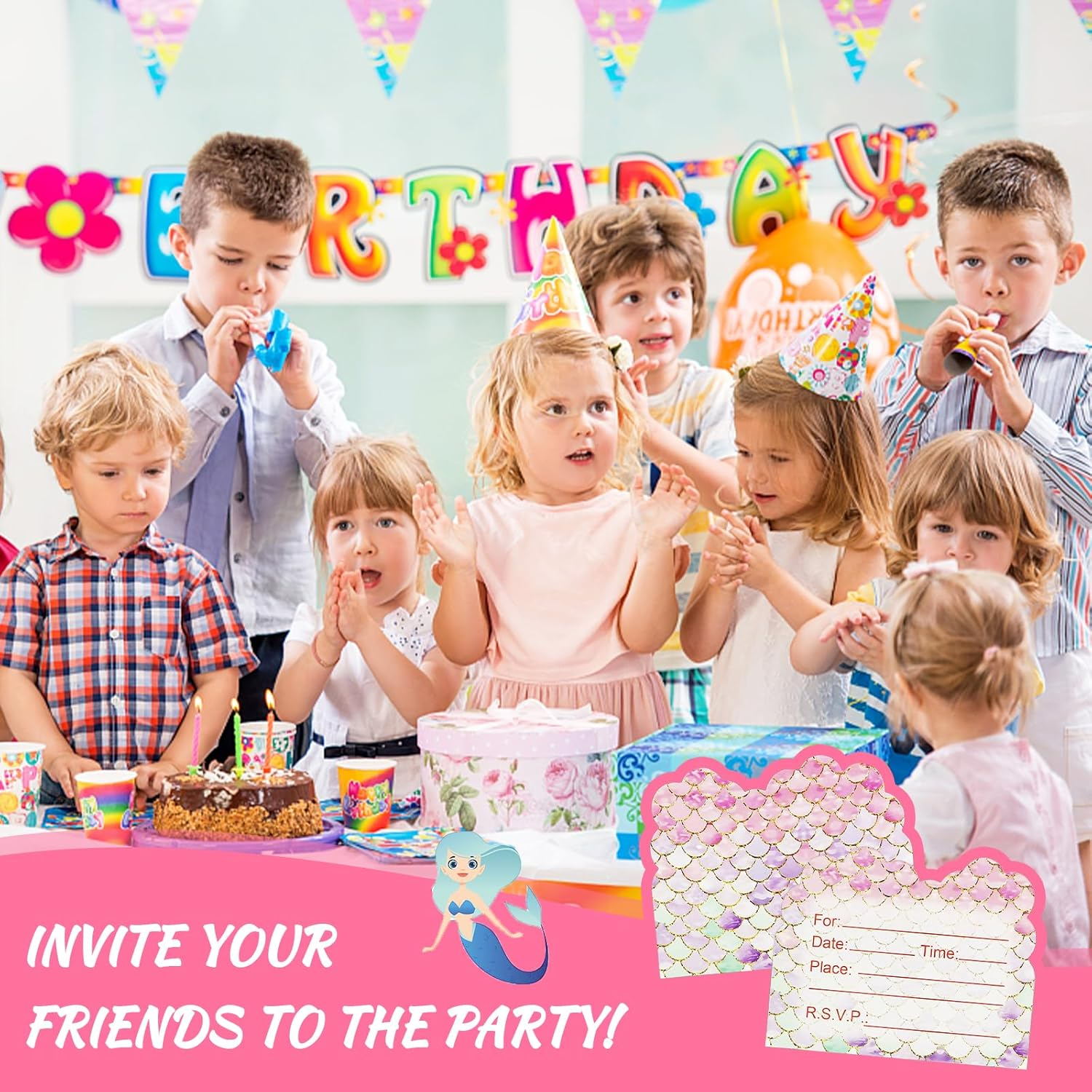 40Pcs Birthday Invitations for Girls, Lovely Mermaid Themed Party Invitations Cards, Kids Party Invitations for Girls Double-Sided Printed (Pink)