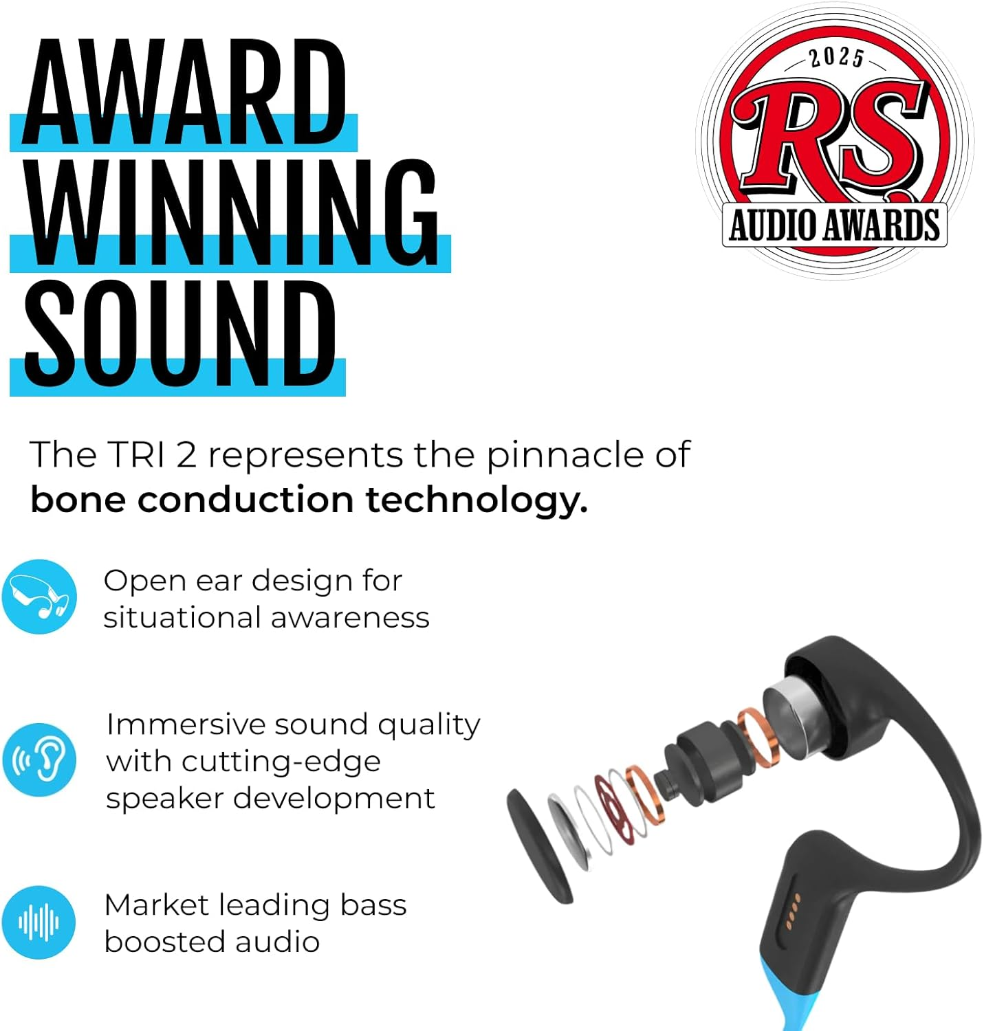 H2O Audio TRI 2 Multi-Sport Waterproof Headphones with Charging Case - Bone Conduction Open Ear Underwater Headphones for Running, Cycling, and Swimming - Bluetooth and Built-In MP3 Player (Black) image number 2