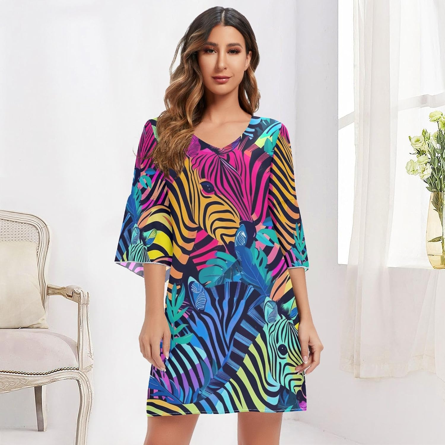 Retro Neon Zebra Casual Dress Printed Chiffon Line Maternity Dress