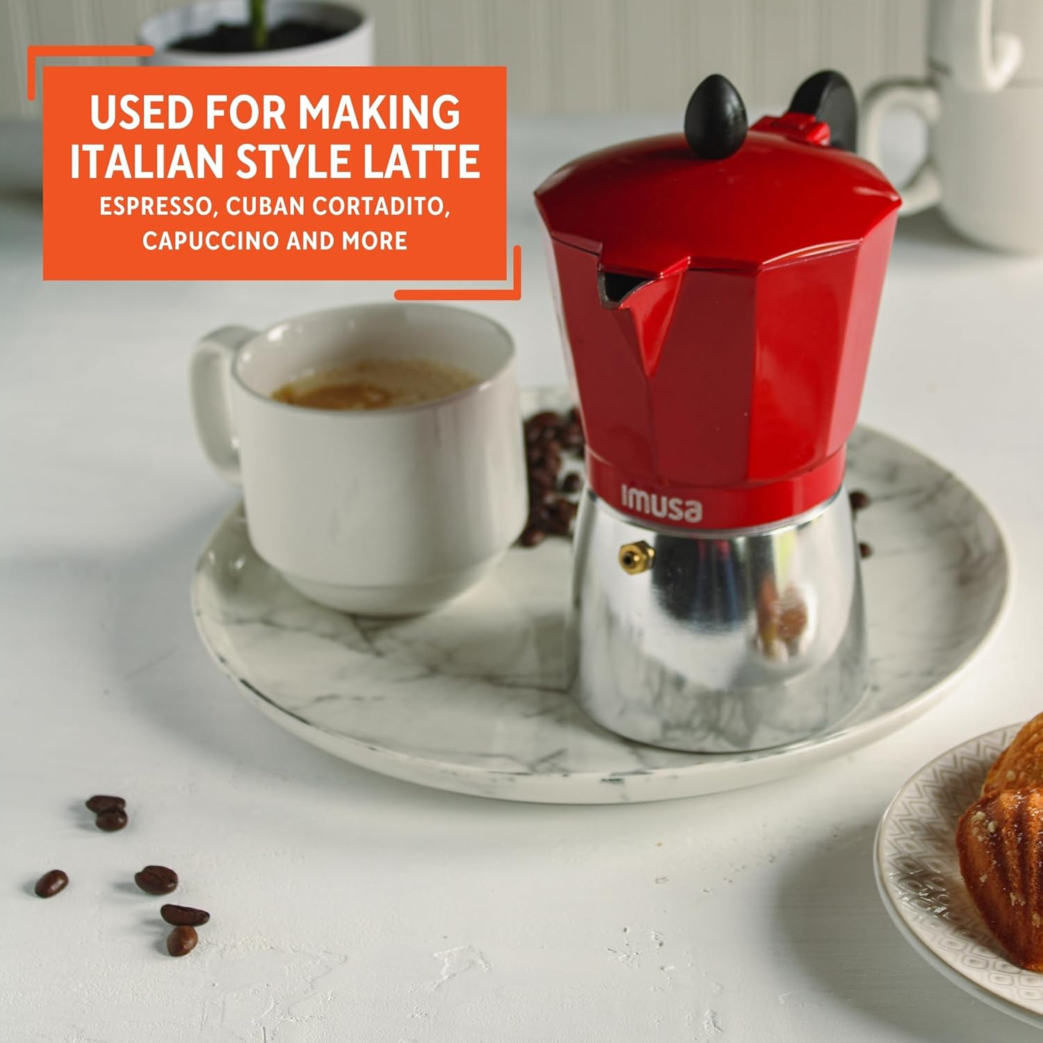 IMUSA USA Red Aluminum Stovetop 6-Cup Classic Italian and Cuban Espresso Maker (B120-43T), Silver/Red image number 4