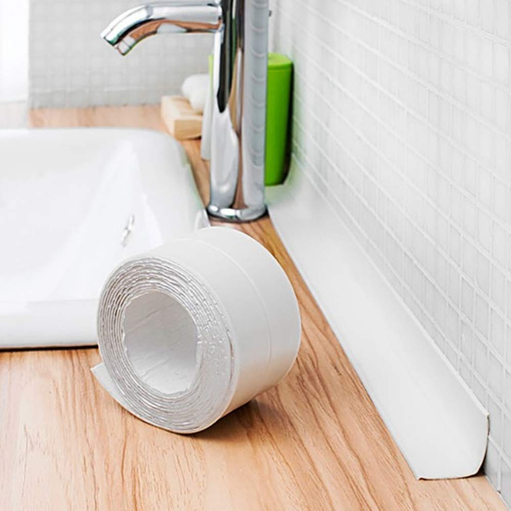 38Mm White Self Adhesive Wall Sealing Tape, Leakproof Seal Strip for Sink, Stove, Bathtub with 90 Degree Bend, 11Ft Long, 3 Ways to Install