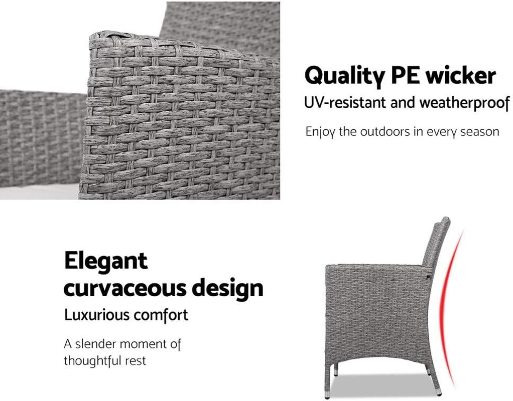 Gardeon 3Pcs Wicker Patio Furniture, Bistro Set Table and Chairs Outdoor Lounge Setting Conversation Sets Dining Chair Garden Backyard, Cushion with Rattan Coffee Table Glass Tabletop Grey image number 3