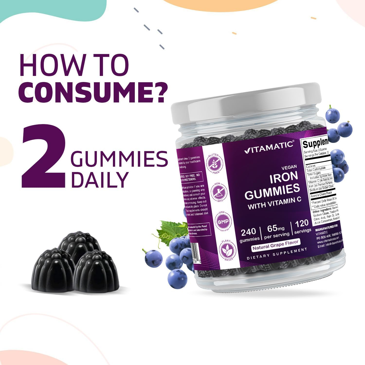 Vitamatic Iron 65 Mg Gummies Supplement for Women & Men - 240 Vegan Gummies - Great Tasting Iron Gummy Vitamins with Vitamin C image number 4