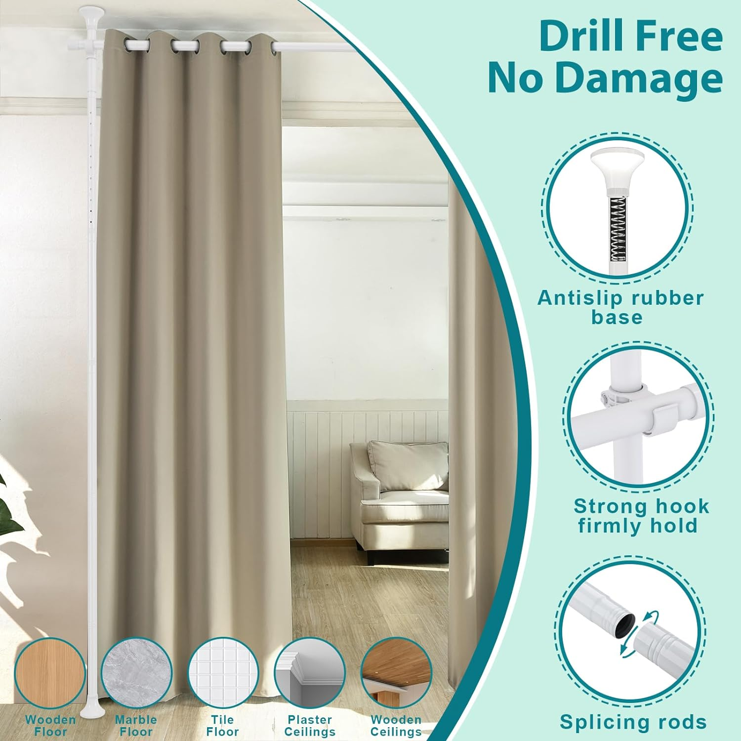 Room Divider, No Drilling Curtain Rods for Room Separation, Adjustable Heavy Duty Floor to Ceiling Hanging Wall Divider Tension Partition Room Separator for Dividing Room, 28-70Inch(W), 4-10Ft (H) image number 4