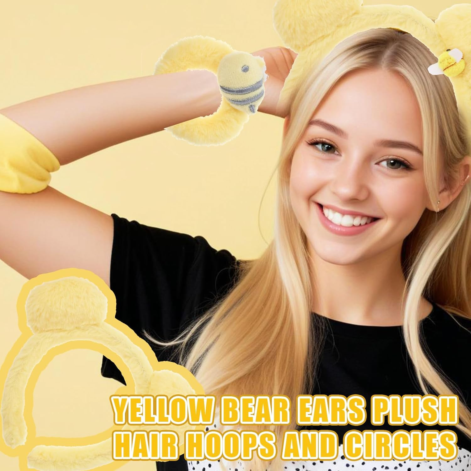 Ptwola 3 Pcs Yellow Plush Bear Ears Headband Hairband Animal Ears Headwear Hair Ties Cute Halloween Festival Cosplay Party Costume Accessories Set Ponytail Holders for Makeup Face Washing