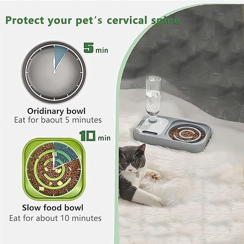 Slow Feeder Bowl Forwith Automatic Gravity Water Bottle Set for All Size Dogs Cats Slow Eating Stop Gulping Promotes Digestion and Reduces Vomiting Durable Preventing Choking (Grey) image number 2