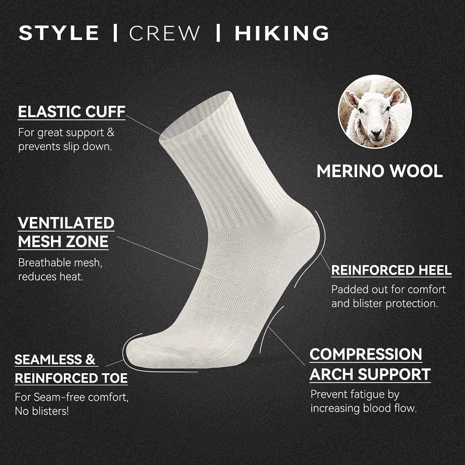 Socks Daze Merino Wool Cushioned Hiking Socks for Men Women, Warm Crew Walking & Boot Socks for Trekking, Work, Outdoor image number 4