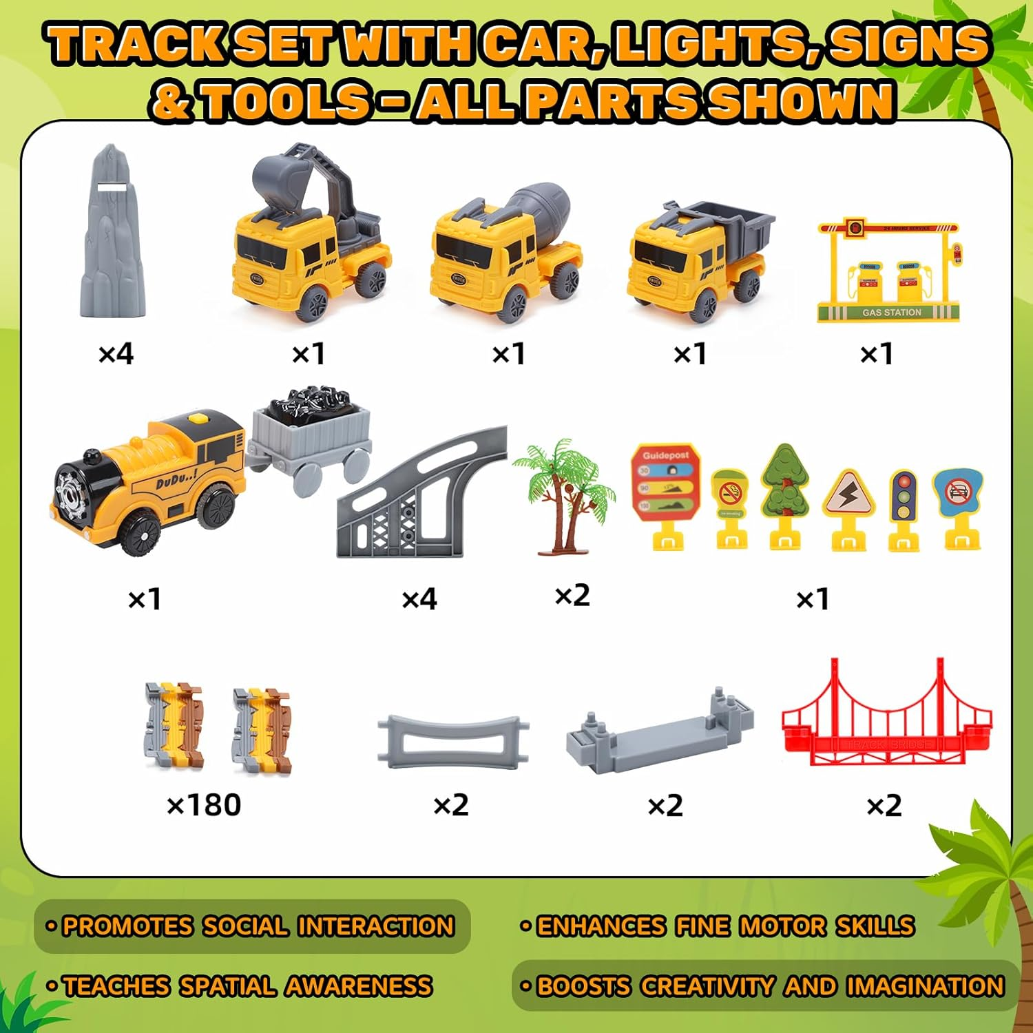 Eaglestone Construction Toys Race Track Set 206 PCS for Kids, Flexible Train Tracks with 1 Electric Train, Excavator, Cement Truck, Loading Truck, Engineering Gifts for 3 4 5 6 Year Old Boys Girls image number 3