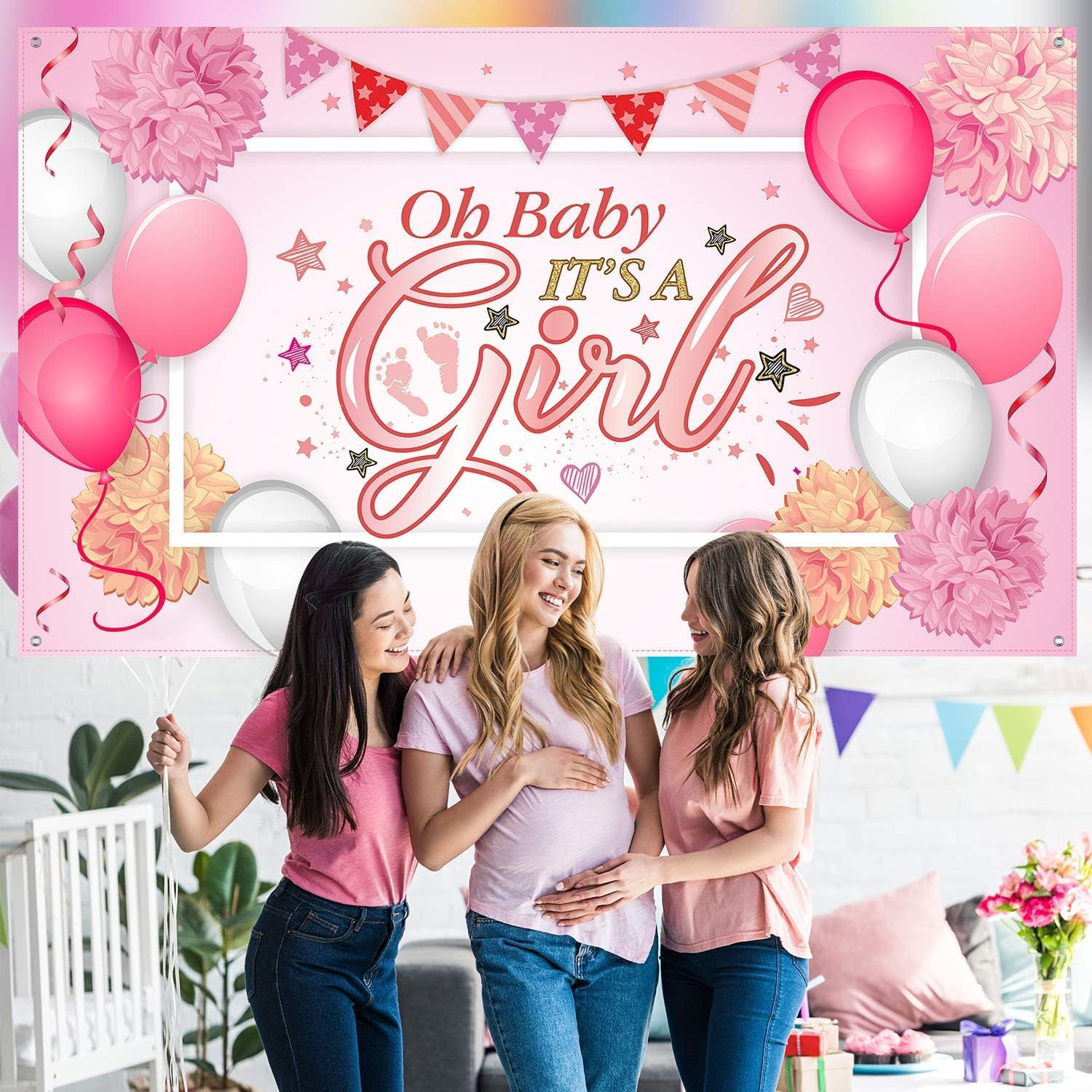 Baby Shower Party Backdrop Decorations, Large Durable Fabric Made Baby Shower Banner Backdrop Photo Booth Background for Boy'S or Girl'S Baby Shower Party Supplies (Girl Style) image number 3