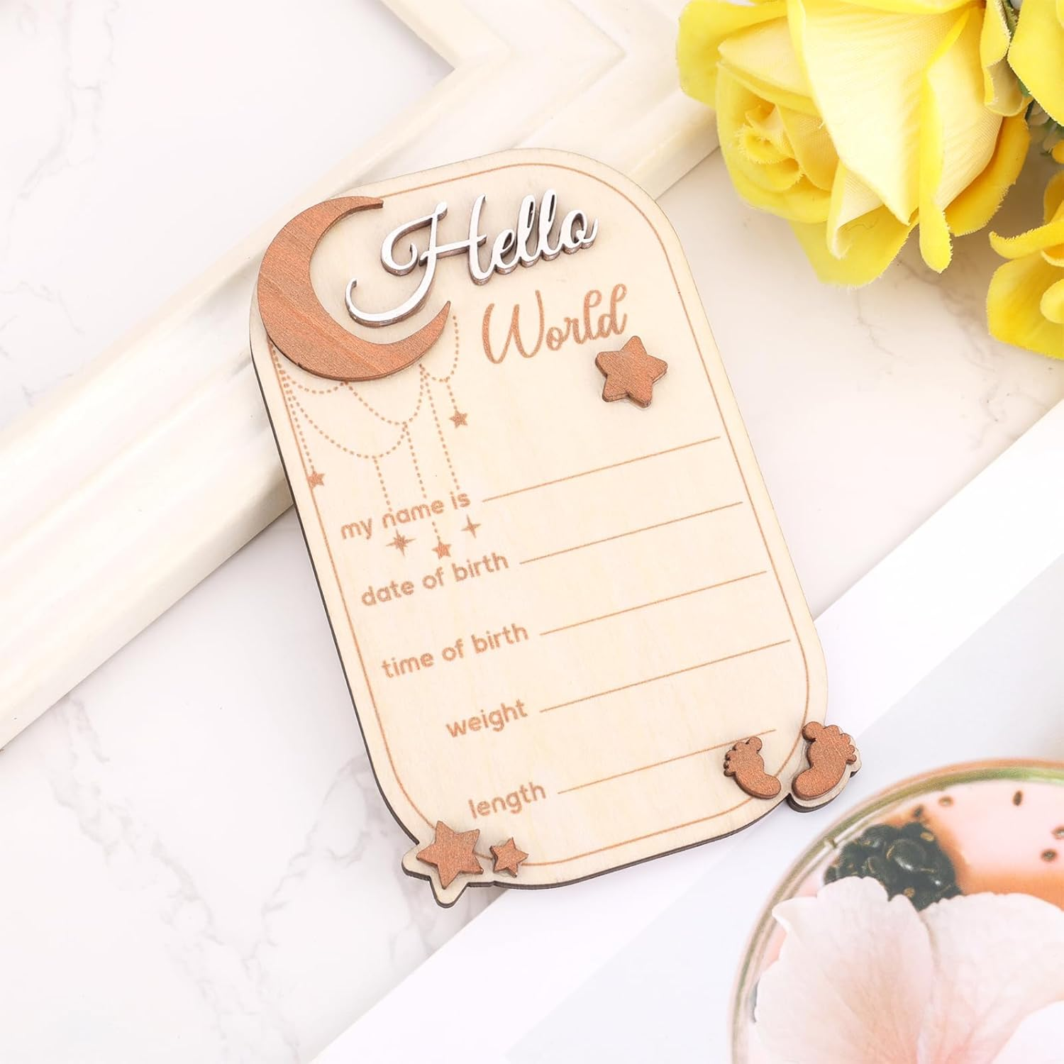 Baby Announcement Sign, Moon Star Birth Announcement Board Wooden Hello World Newborn Sign Decor Welcome Baby Sign Plaques for Photo Props Baby Shower Nursery Hospital image number 6