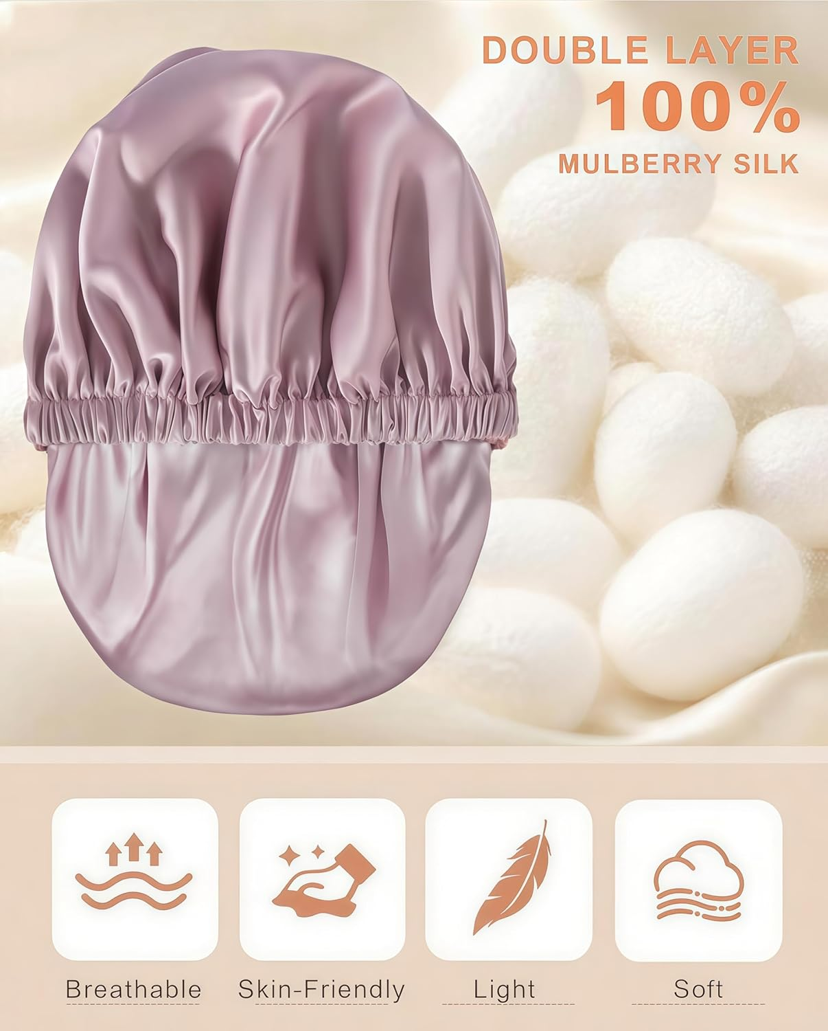100% Mulberry Silk Bonnet for Sleeping, Double Layered 22 Momme Silk Hair Wrap with Adjustable Elastic Band, Soft & Breathable Pure Silky Hair Bonnet Reduce Frizz (Bean Paste) - Bean Paste image number 3