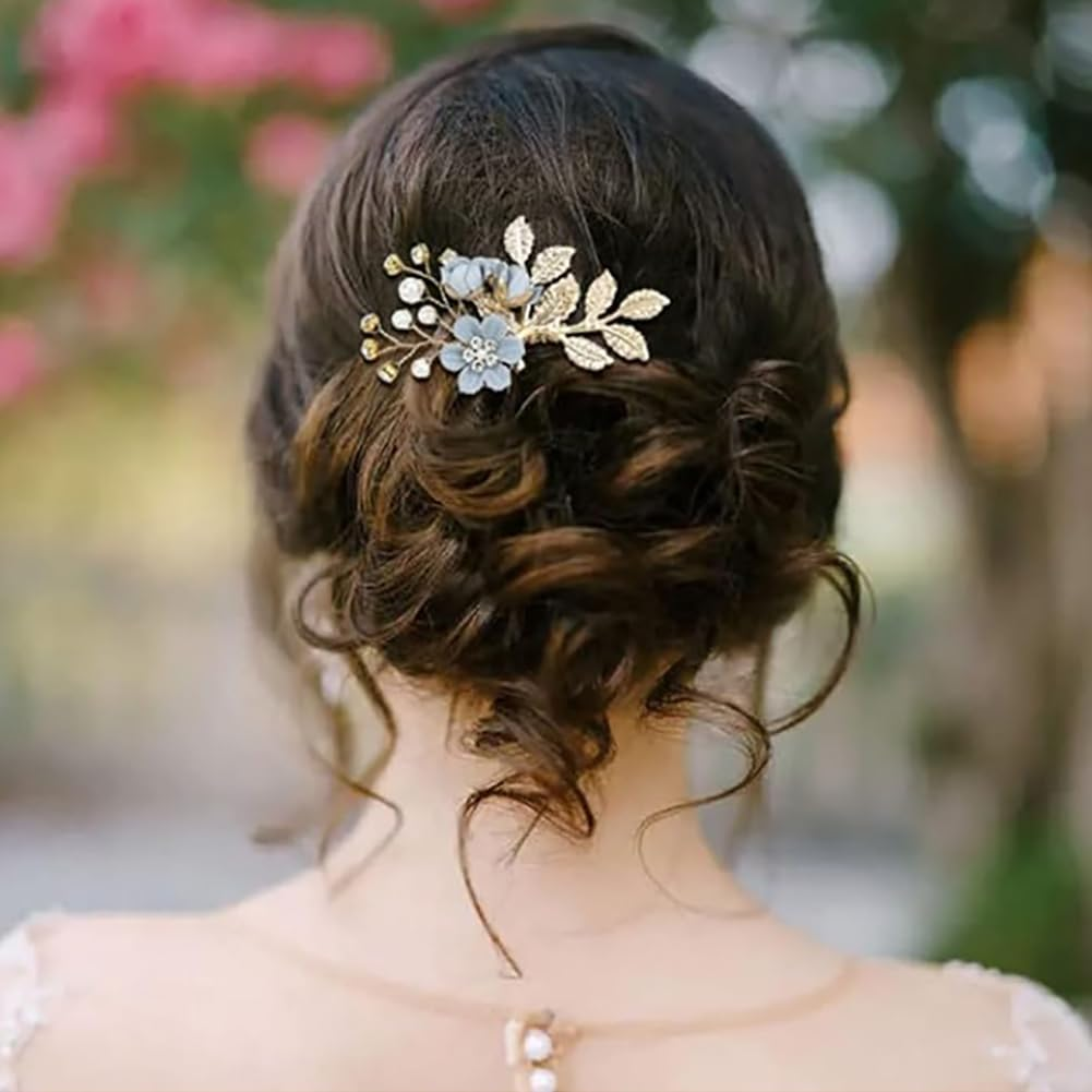 5 Pcs Flower Bridal Hair Comb Side Flower Rhinestone Hair Combs Crystal Bridal Hair Pins Fashion Jewelry Hair Clips for Bridesmaids Blue