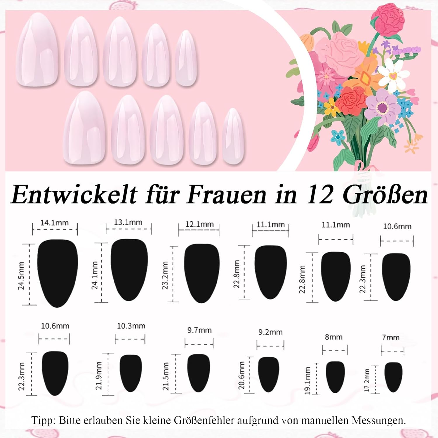 Pack of 24 Press on Nails Almond - Pink Colour Gradient Artificial Nails Medium - Full Cover False Nails - Nude Gradient White Fingernails for Sticking on for Women and Girls (Pink White Ombre) image number 4