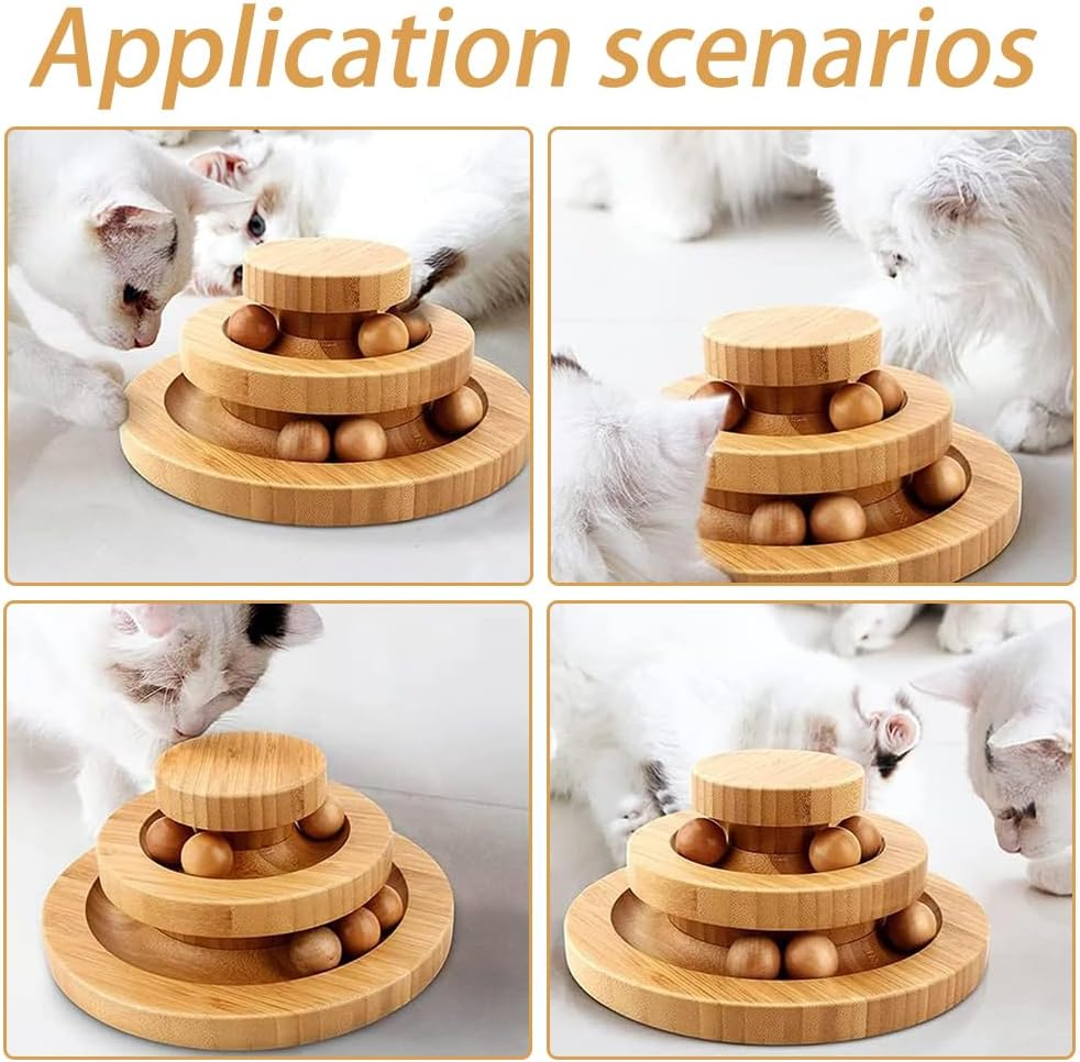 Cat Ball Track, Cat Toy, Kitty Toys Roller, 2-Level Cat Ball Tower with 6 Removable Balls, Interactive Wooden Cat Toy for Kitten Physical Exercise image number 2