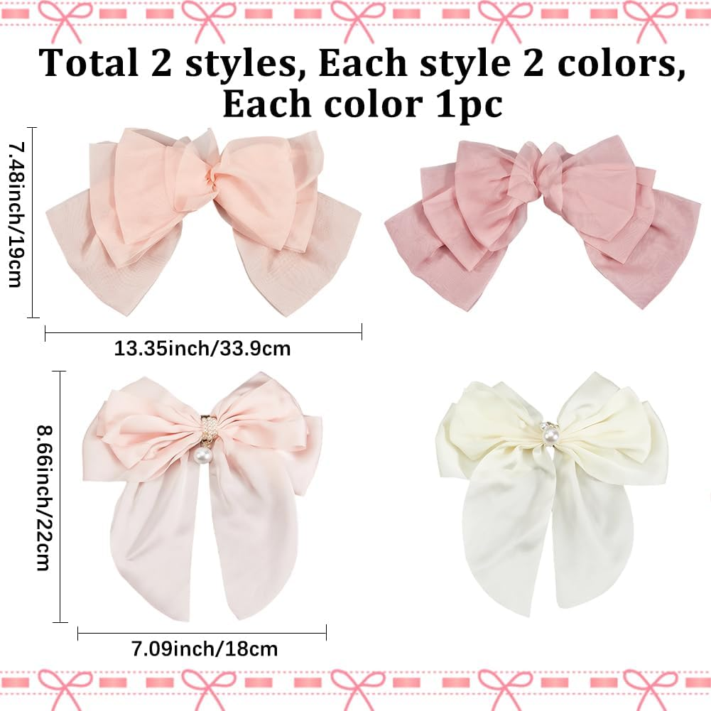 SOFPLATE Pack of 4 Large Hair Clips with Satin Bow, Coquette Hair Bow, Oversized Satin Hair Clip, Pink White Silky Ribbon, Hair Accessories, Large Bows Hair Clips for Women, Bridal, Wedding, Party image number 4