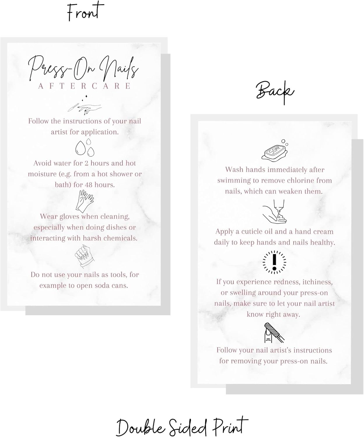 Press-On Nail Aftercare Cards | 50 Pack | 2X3.5" Inch Business Card Size | Add to Your DIY Press-On Nail Kit | Marble Design image number 1