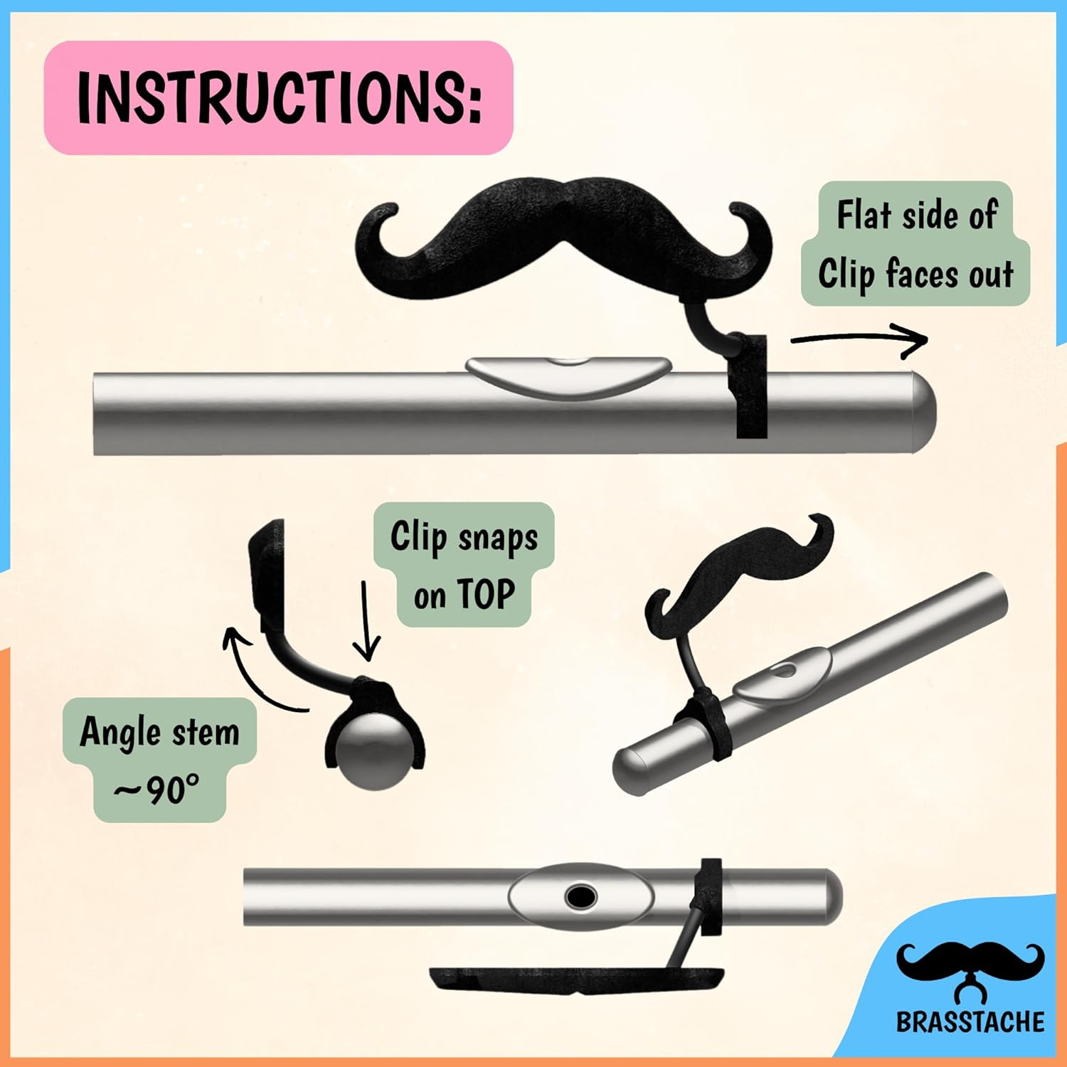Brasstache the Original Flute-Stache 2.0 - Clip-On Mustache for Flute, XL and Handlebar Combo Version image number 3