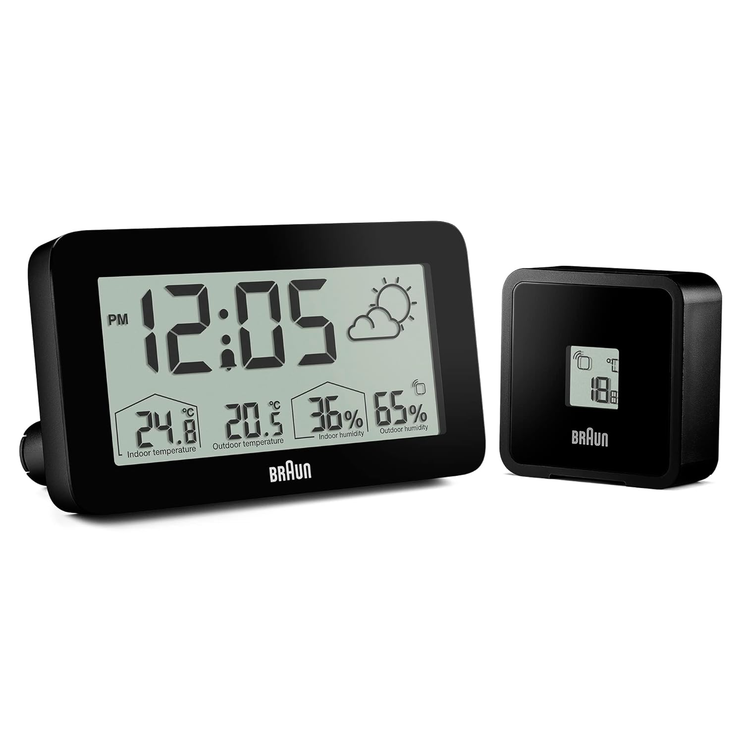 Braun Digital Weather Station Clock with Indoor and Outdoor Temperature and Humidity, Forecast, LCD Display, Quick-Set, Crescendo Beep Alarm in Black, Model BC13BP. image number 6