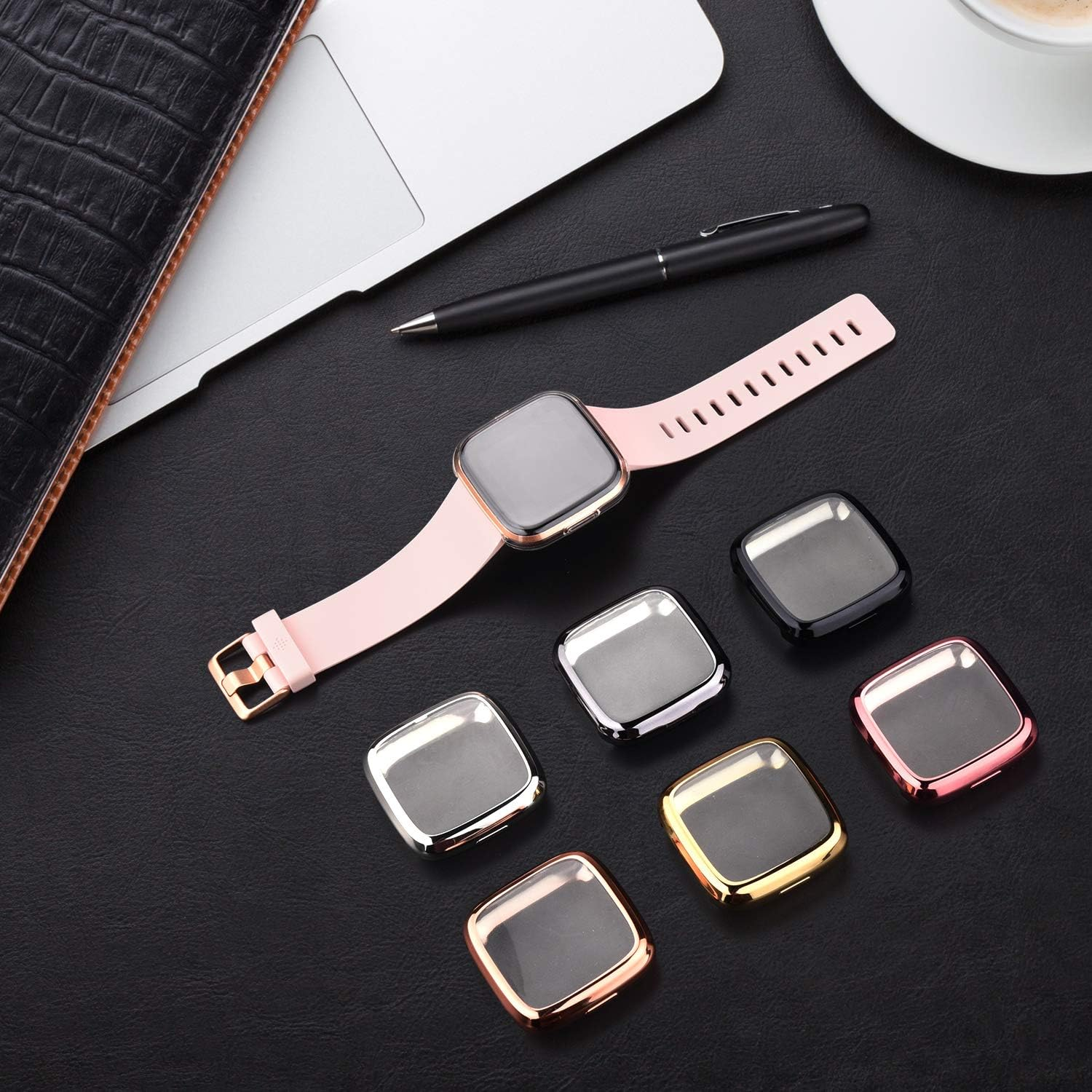 Mugust [6 Pack] Screen Protector Compatible with Fitbit Versa 2 Case, TPU Plated Full around Protective Case Cover (Black, Space Gray, Silver, Rose Gold, Rose Pink, Clear) - Soft Gold, Space Gray, Clear image number 6