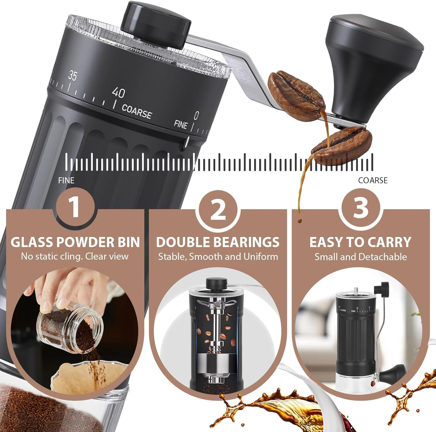 Manual Coffee Grinder with Conical Ceramic Burrs 40 Adjustable Coarse- Portable Coffee Bean Grinder for Espresso, French Press, Pour over - 25G Capacity image number 4
