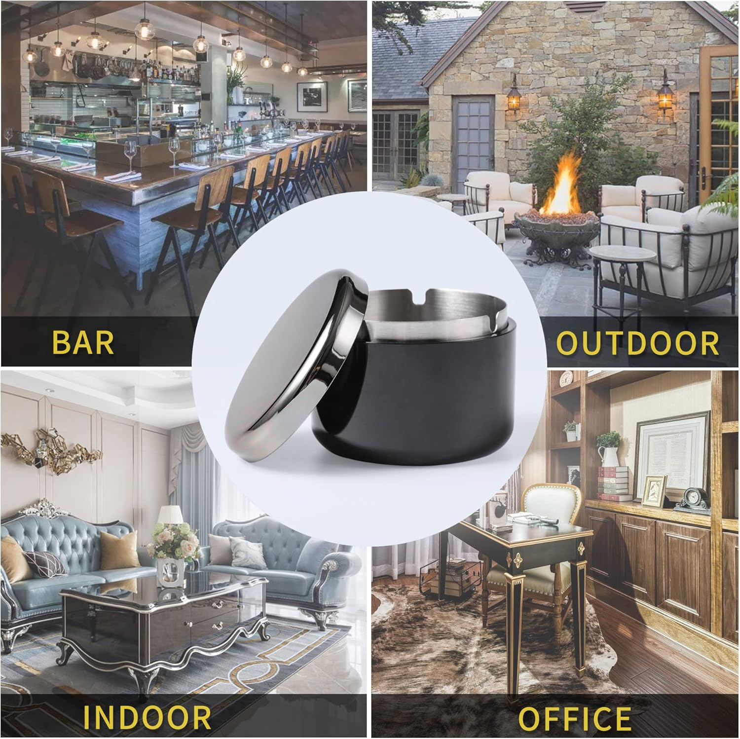 Smokeless Ashtray with Lid for Smokers Stainless Steel Liner Ash Tray Windproof Durable Easy to Clean Cool Ashtrays for Indoor or Outdoor Use, Patio, Office & Home(Black) - Black image number 2