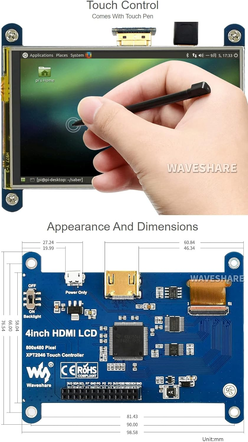 Waveshare 4 Inch HDMI LCD Display 800X480 Resistive Touch IPS Screen Supports Raspberry Pi image number 6