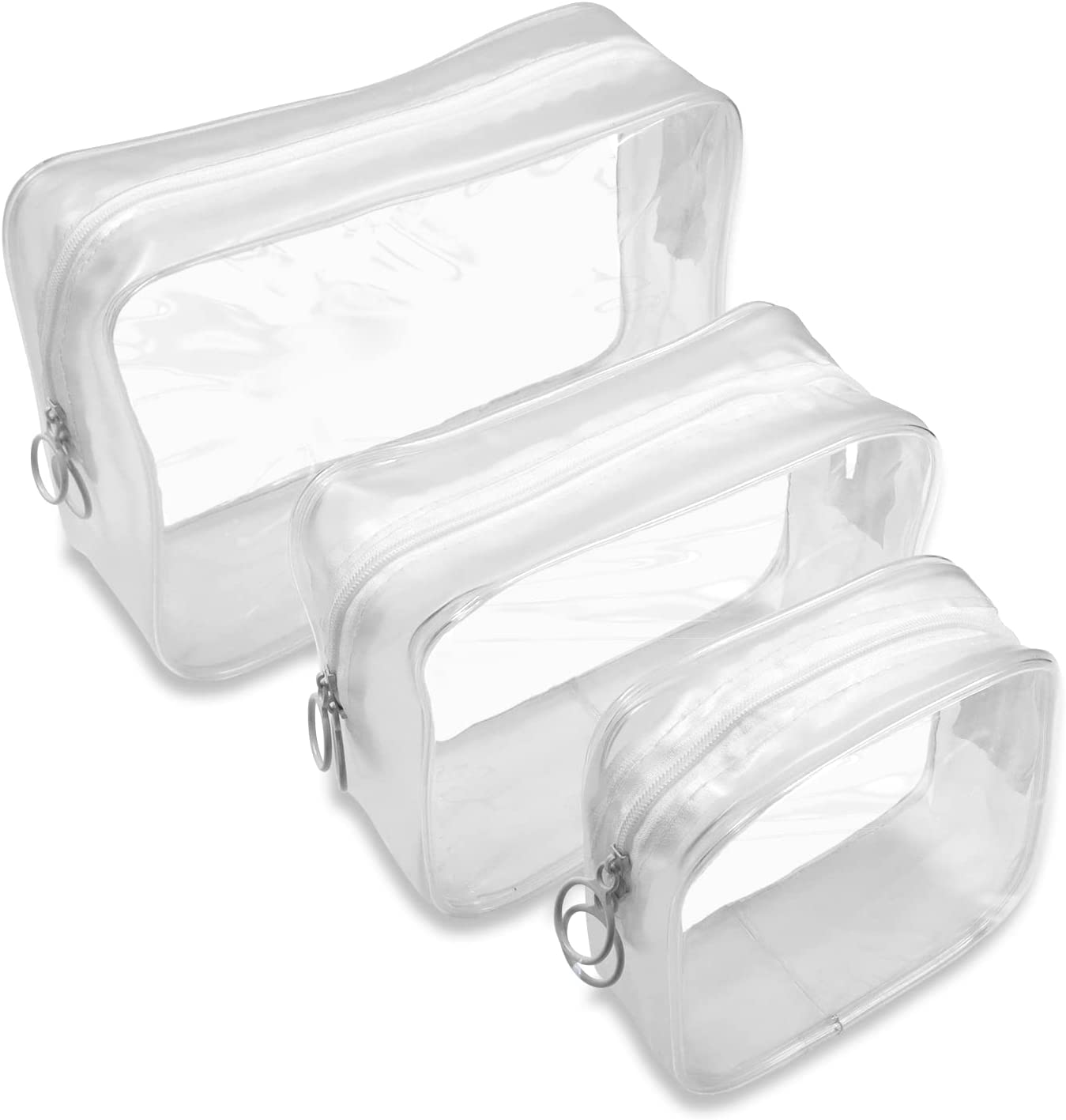 Set of 3 Clear Cosmetic Bags, Double Zipper Sliders Clear Travel Makeup Bags, Water Resistant Toiletry Bags, Portable Clear Pouches, Transparent Travel Pouch Bags (White) image number 1