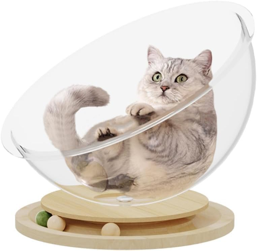 Space Capsule Cat Bed with Track Balls Toy, Transparent Cat House with Solid Wood Stand, Stable All-Season Nest for Cats & Kittens image number 5