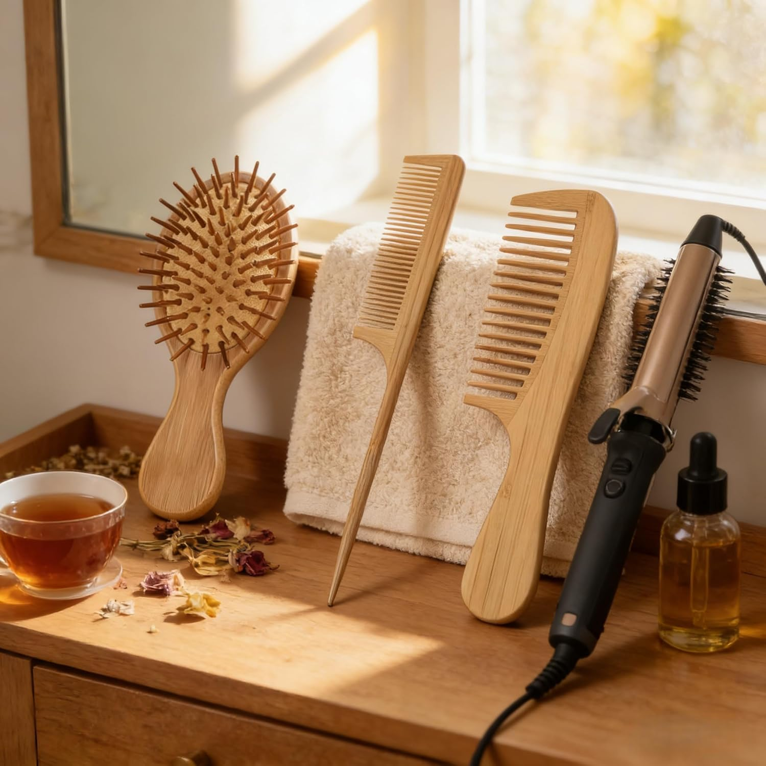 Bamboo Hair Brush and Comb Set 3 PCS, Wooden Hair Brush with Rat Tail Comb, Wide Tooth Comb and Cushion Brush for Curly and Straight Hair image number 1
