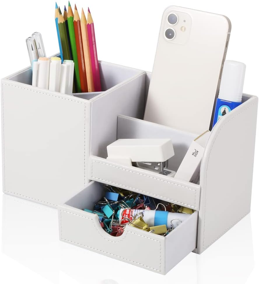 KINGFOM Wooden Struction Leather Multi-Function Desk Stationery Organizer Storage Box Pen/Pencil,Cell Phone, Business Name Cards Remote Control Holder White-Flannel - Brown image number 7