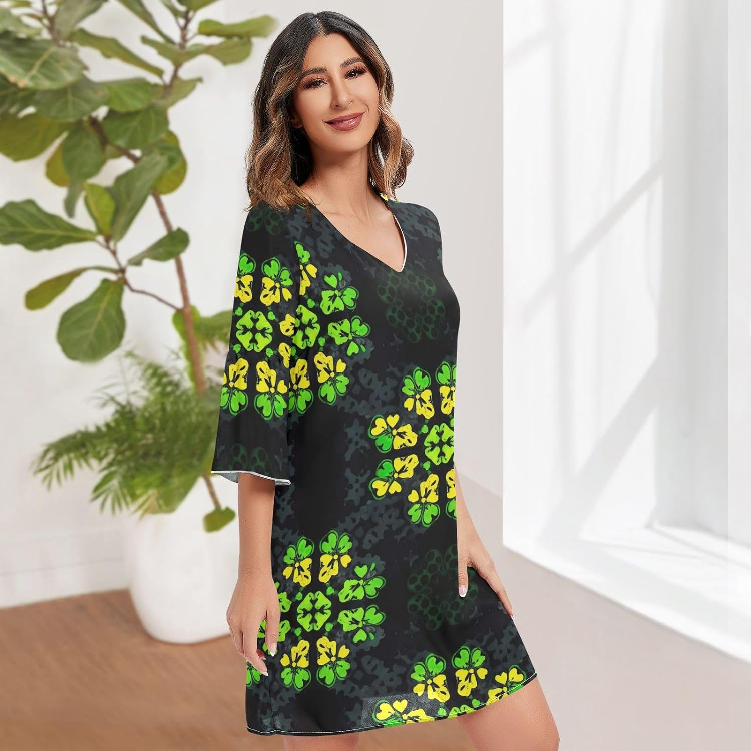 Green Yellow Shamrock Black Short Chiffon Dress Printed Line Maternity Dress S-XXL image number 3