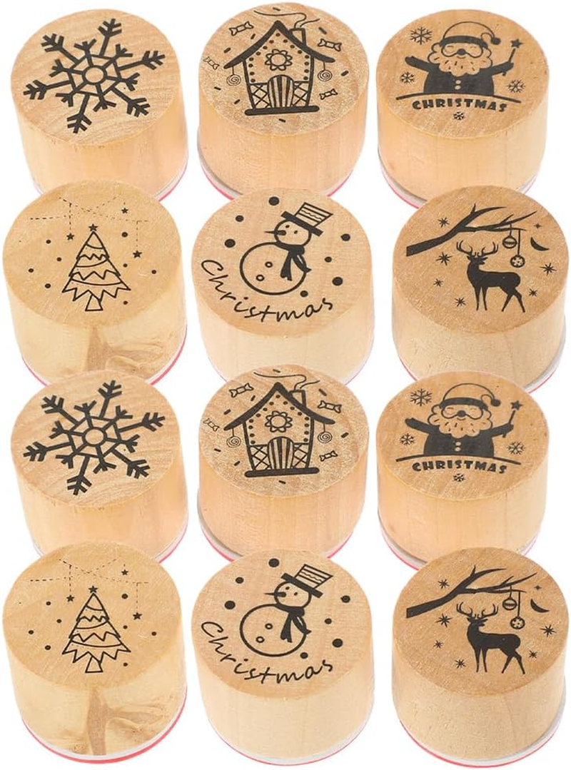 12 Pieces Merry Christmas Wooden round Rubber Stamps: Xmas Floral Craft Ink Pads Mixed Craft Stamps for Party Decor Scrapbooking Cards image number 1