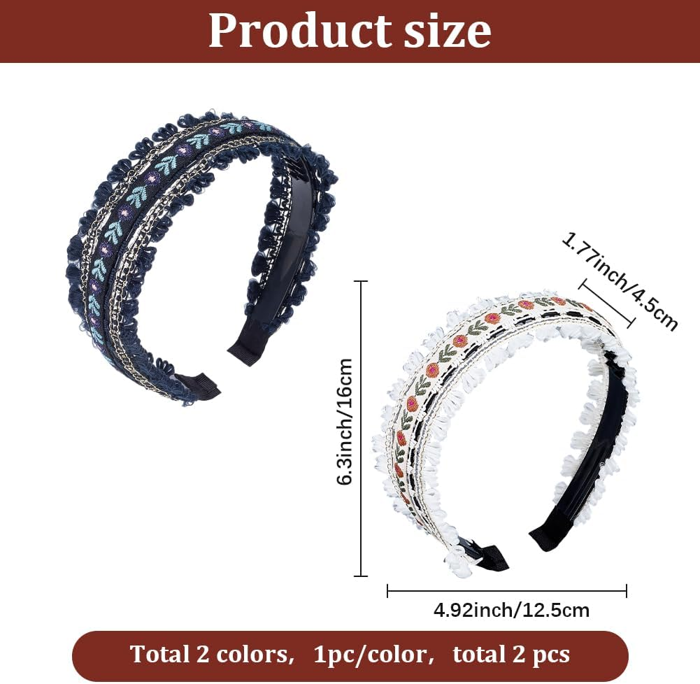 CABODYALS 2 Pieces 2 Colours Black White Trendy Ethnic Floral Embroidered Headbands Floral Boho Hair Bands Vintage Headband Set with Fringe Embroidery for Women Wedding Outfit Dress Hairstyle image number 6