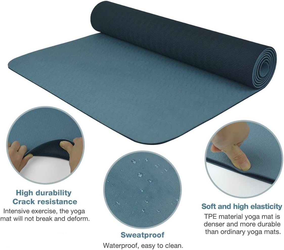 LEFAFA Yoga Mat Non Slip, Extra Thick 6MM TPE Workout Pilates Mats, Eco Friendly Fitness Exercise Mat for Women Men, Workout Mat with Carrying Strap and Storage Bag for Home Gym Floor