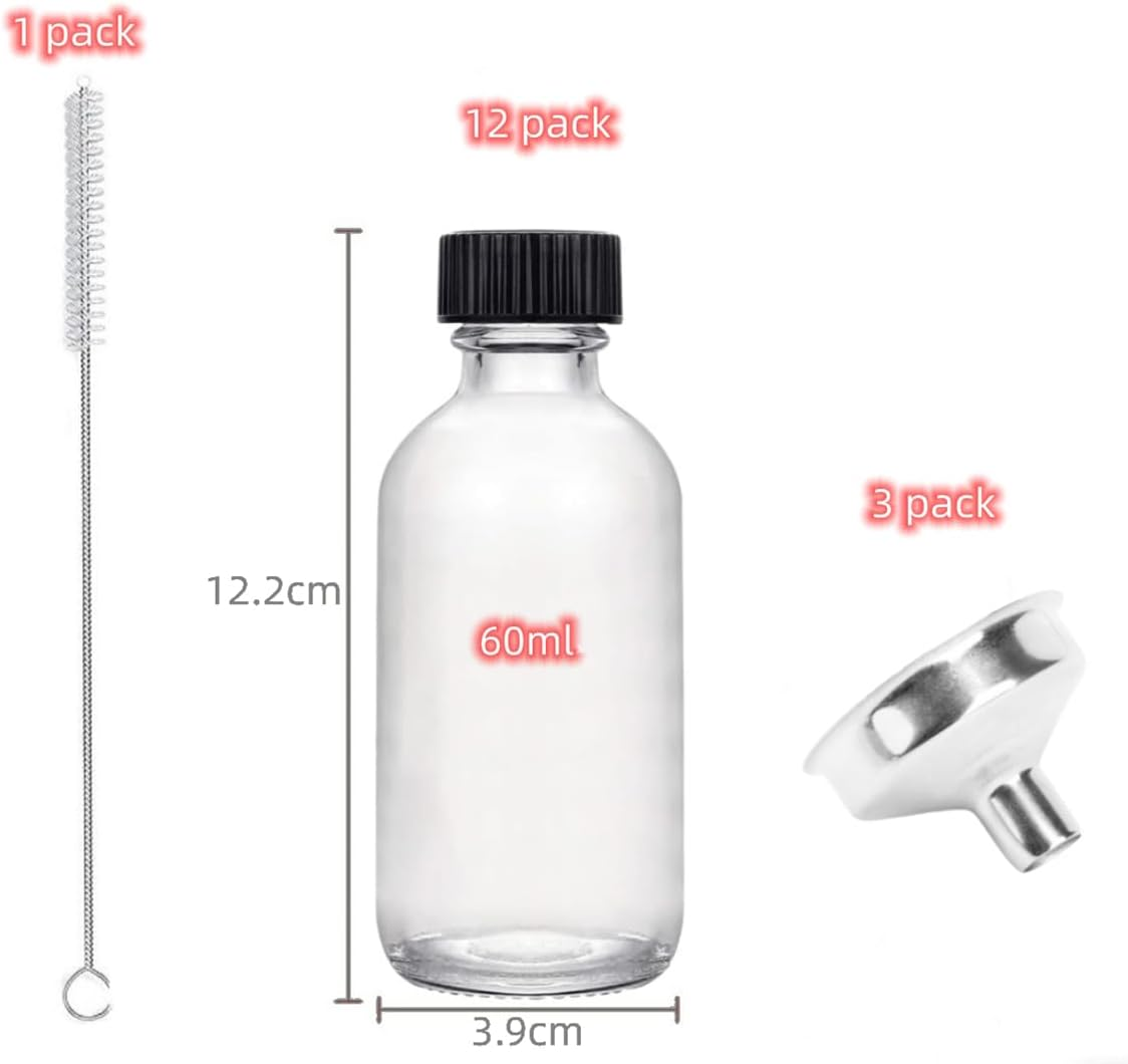 12Pcs Shot Bottles Small Glass Bottles, Juice Bottles with Lids, 60Ml Clear Glass Containers with Funnels, Brushes, Boston round Sample Bottles for Juice, Oils, Ginger Shots, Whiskey, Liquid image number 4