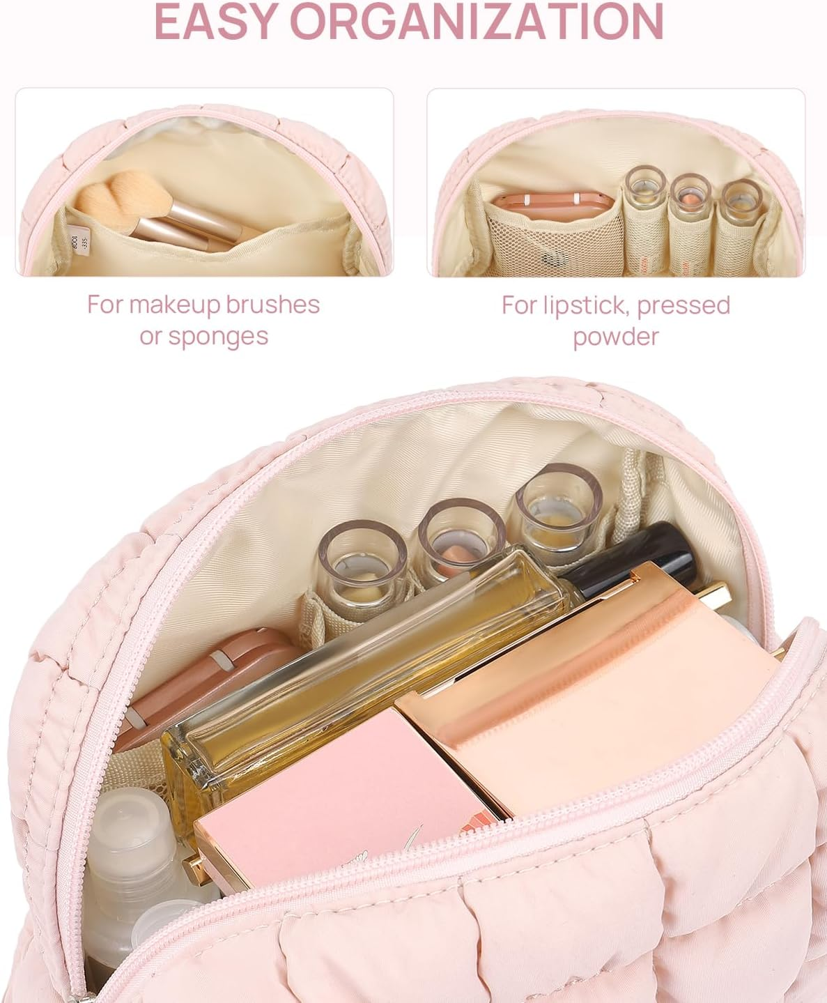 Puffer Makeup Bags for Women, Nylon Puffy Padded Make up for Organizer Case, Wide-Open Pouch Travel Essentials - 1-Puffy-Black image number 3