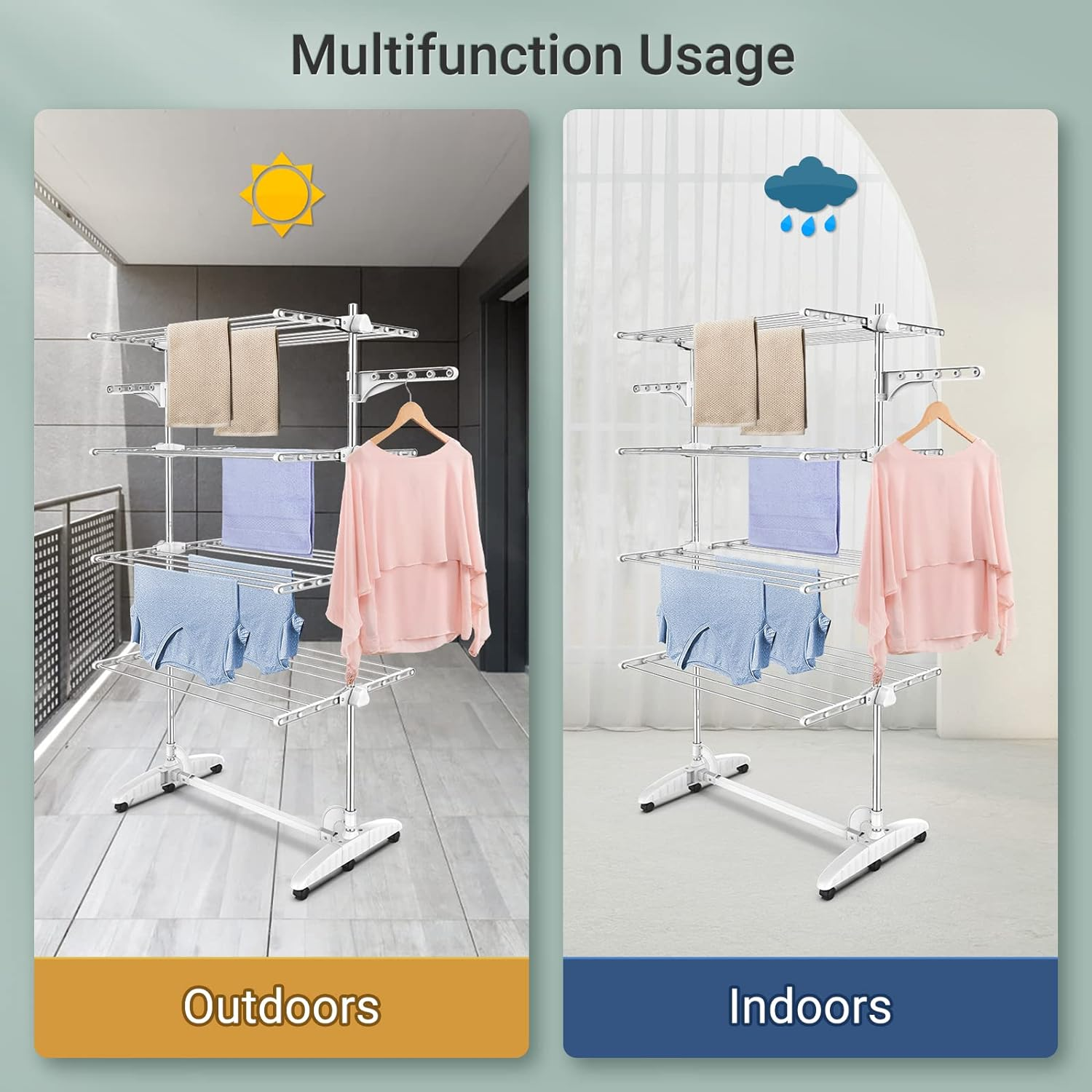 Todeco - Laundry Drying Rack, Clothes Airer - Material: Stainless Steel Tubes - Maximum Load: 6.7 Lbs per Support Bar - 4 Shelves, White, with Wings image number 2