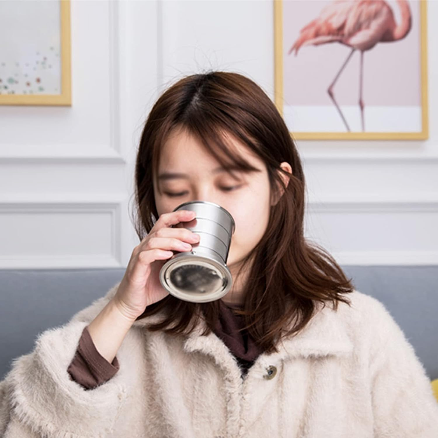 Pack of 2 Folding Cups, Stainless Steel Telescopic Cups, Outdoor Portable Telescopic Cup, Folding Cup with Key Ring, Durable Collapsible Cup, Hiking for Outdoor Activities and Daily Use image number 5