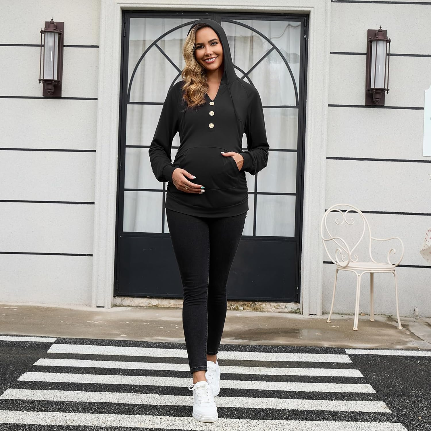 GINKANA Maternity Hoodies Long Sleeves Shirts Half Button Decoration Sweatshirt V Neck Pullover with Pockets Pregnancy Tee