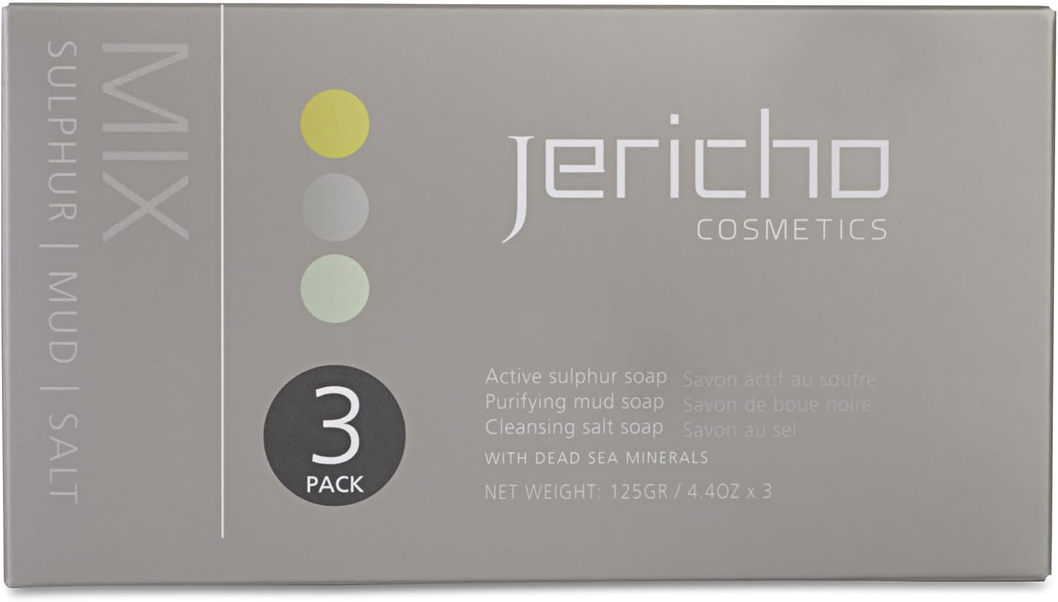 Jericho Dead Sea Soap Bar Variety Pack &ndash; 3 Bars (Cleansing, Sulfur, Mud) &ndash; Mineral-Rich Face & Body Soaps for All Skin Types, Oily Skin, and Acne Care - 4.4 Oz Pack of 3 Bars