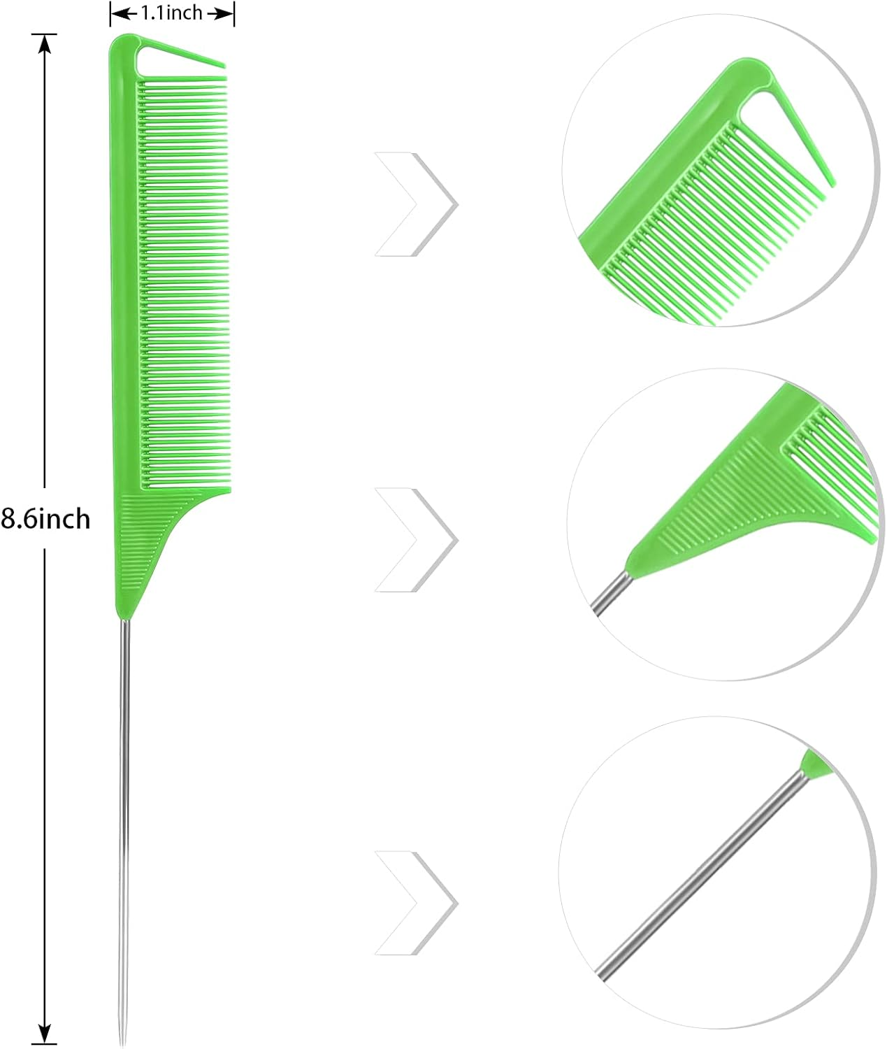 Rat Tail Combs Set: 3Pcs Steel Pin Teasing Combs for Hair Stylists, Parting Combs for Women (Green) - Blue image number 3