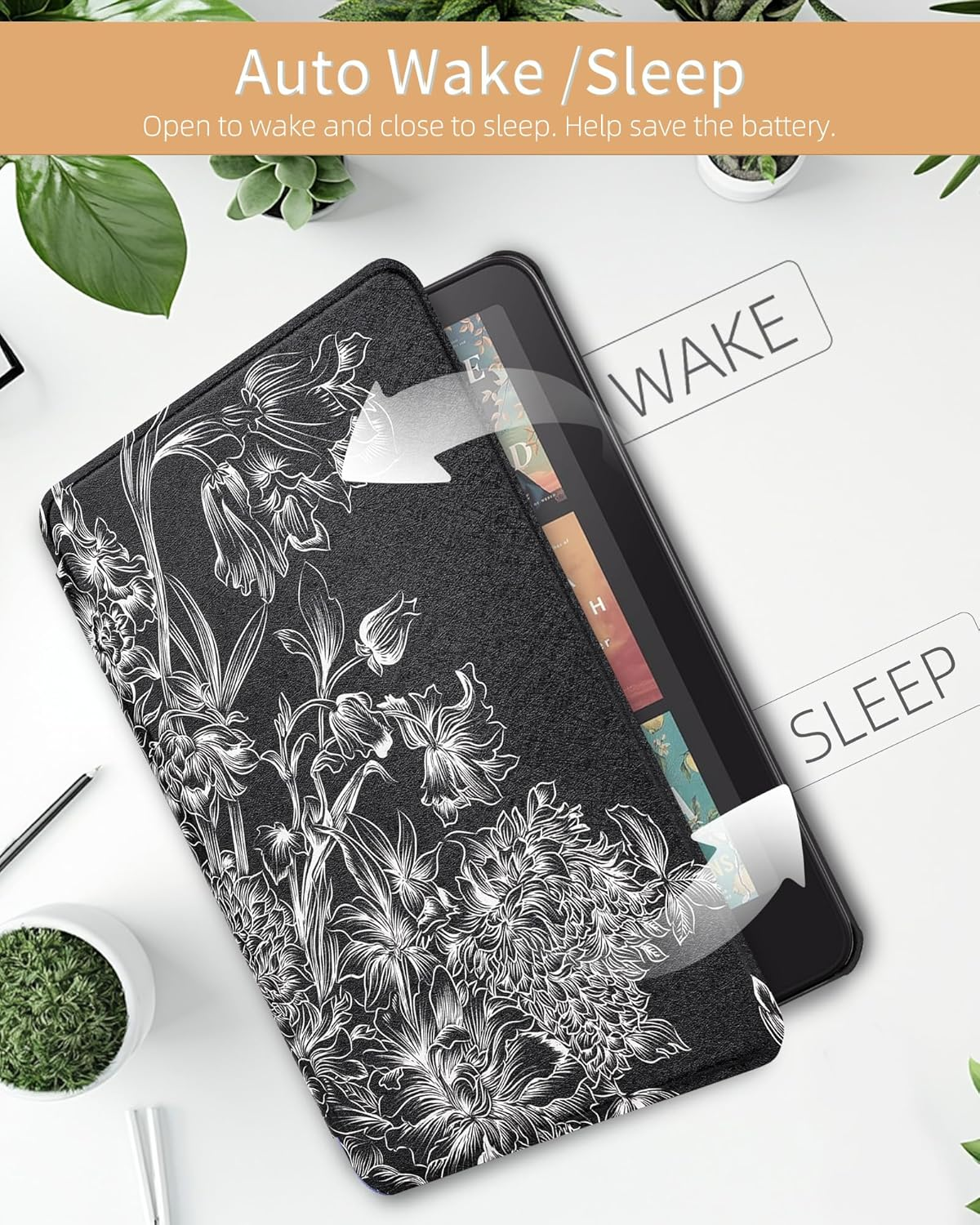 WALNEW Case for 7" Kindle Paperwhite 12Th Generation 2024 & Kindle Paperwhite Signature Edition 2024, All-New PU Leather Protective Case Cover with Auto Wake/Sleep, Black Flowers - Black Flowers image number 3
