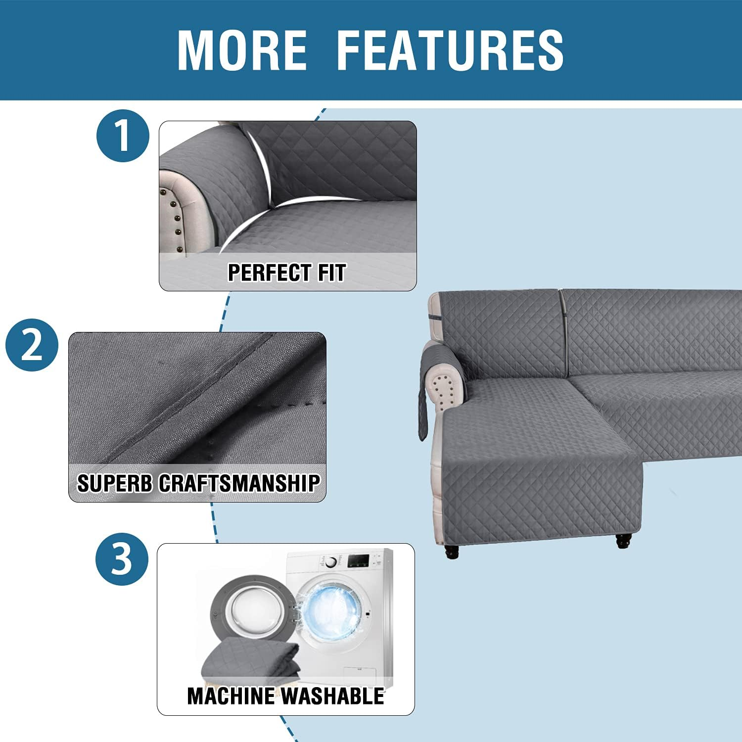 Smarcute L Shape Couch Cover for Sectional Sofa Chaise Lounge Sofa Cover Reversible Sofa Slipcover Non-Slip Water Resistant Furniture Protector for Dog (Large, Grey) image number 5