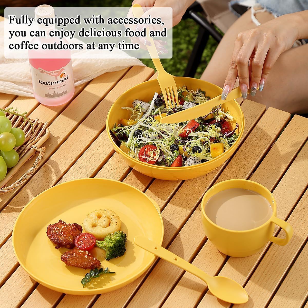 Berglander Camping Mess Kit with Bowl, Plate, Cup, Spoon, Fork, Knife and Carry Bag, save Space, Easy to Carry, Plastic Camping Essentials Utensils for Travel, Picnic, Outdoor (Gold Yellow) - 1.Gold Yellow image number 5