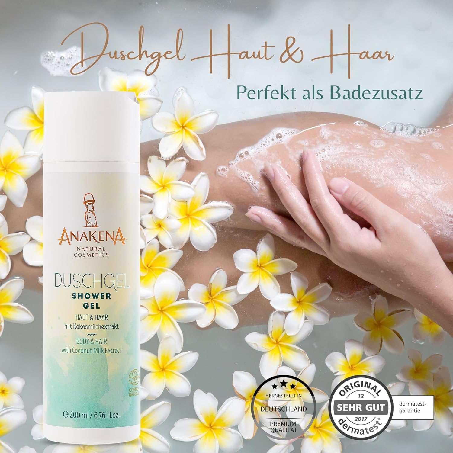 ANAKENA Natural Cosmetics - Natural Cosmetics - Shower Gel for Skin and Hair, Tropical Fragrance, with Coconut Milk Extract, Vegan, No Microplastics, 200 Ml, Women and Men image number 1