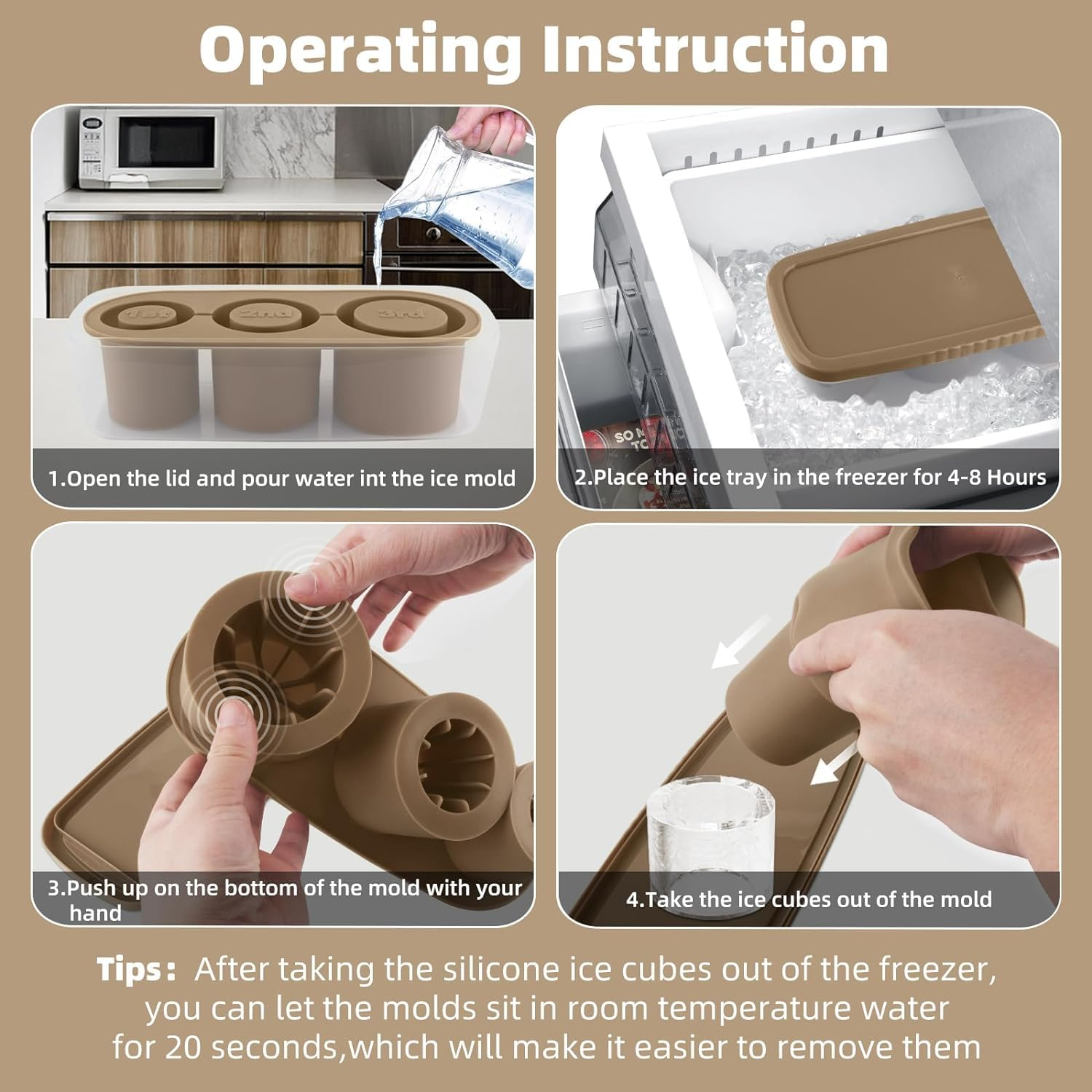 Tcamp Tumbler Ice Mold, Ice Cube Tray with Lid and Bin for 30-40 Oz Tumbler Cup, Silicone Ice Cube Molds for Chilling Cocktails, Whiskey, Drinks, Coffee, Tea, Ice Maker (Brown) - Black image number 5