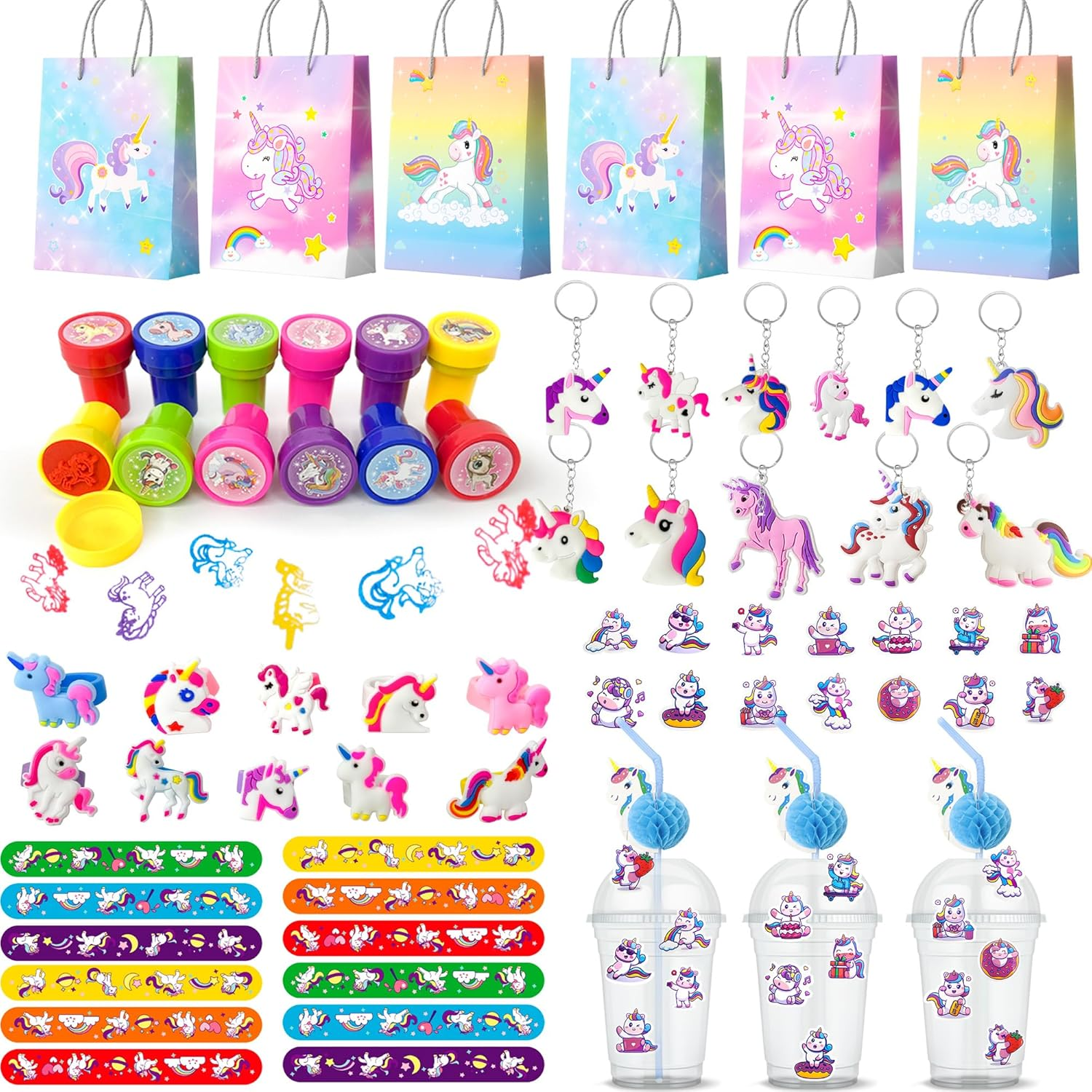 Unicorn Party Favors for Girls,134Pcs Unicorn Birthday Party Favors Set - Unicorn Goodie Bags & Unicorn Slap Bracelet & Unicorn Stickers Keychain Stampers Rings Etc Unicorn Themed Party Favors image number 5