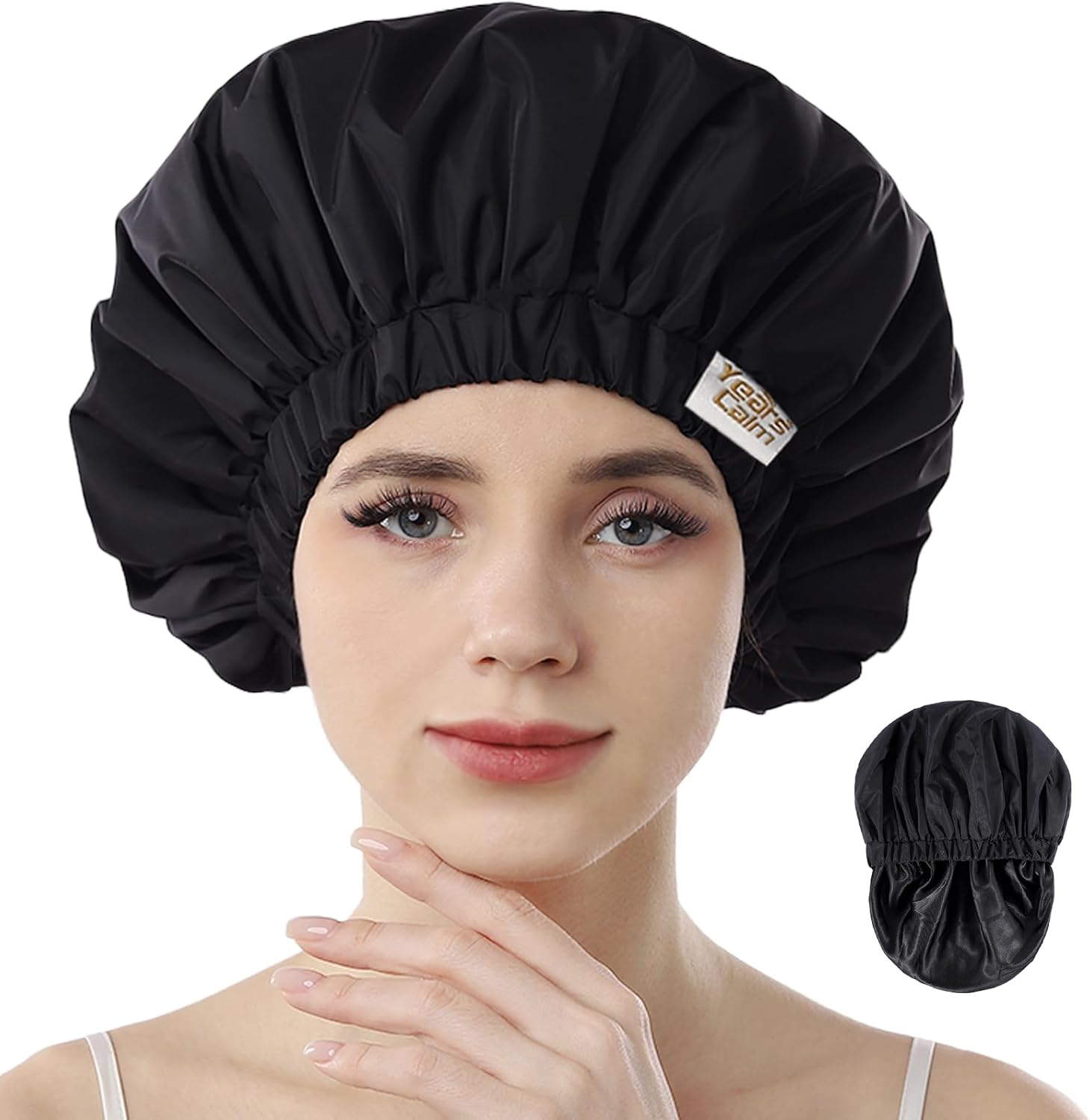 Years Calm Reusable Waterproof Shower Caps for Women, Hair Caps for Showers, Double-Layer Elastic Design, for All Hairstyles, Travel-Friendly (Black)