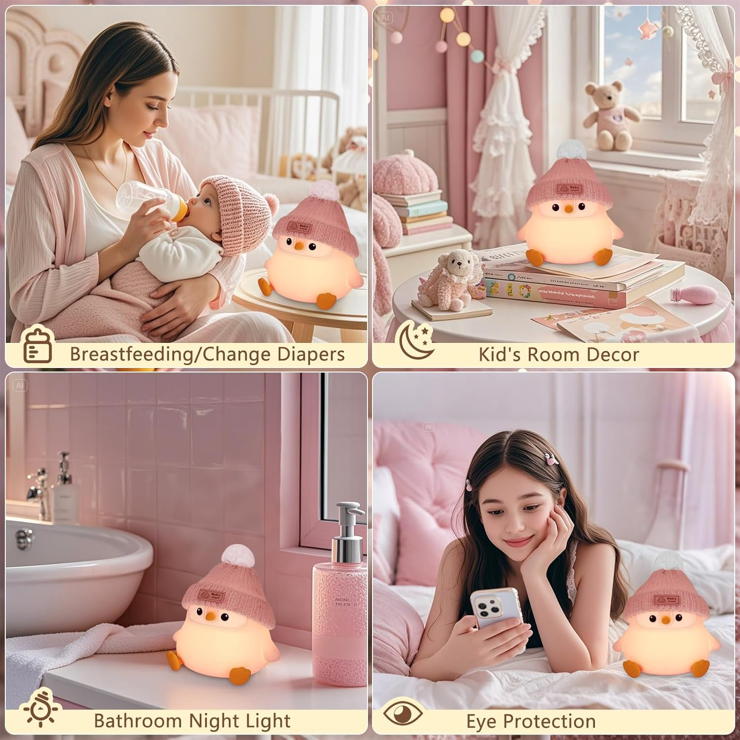 FAMIDUO Penguin Silicone Night Light, Cute Pink Penguin Lamp with Knitted Hat, Soft Nursery Nightlight, USB Rechargeable/Dimmable,Led Squishy Novelty Animal Bedside Lamp,Funny Gifts for Kids/Girls image number 1